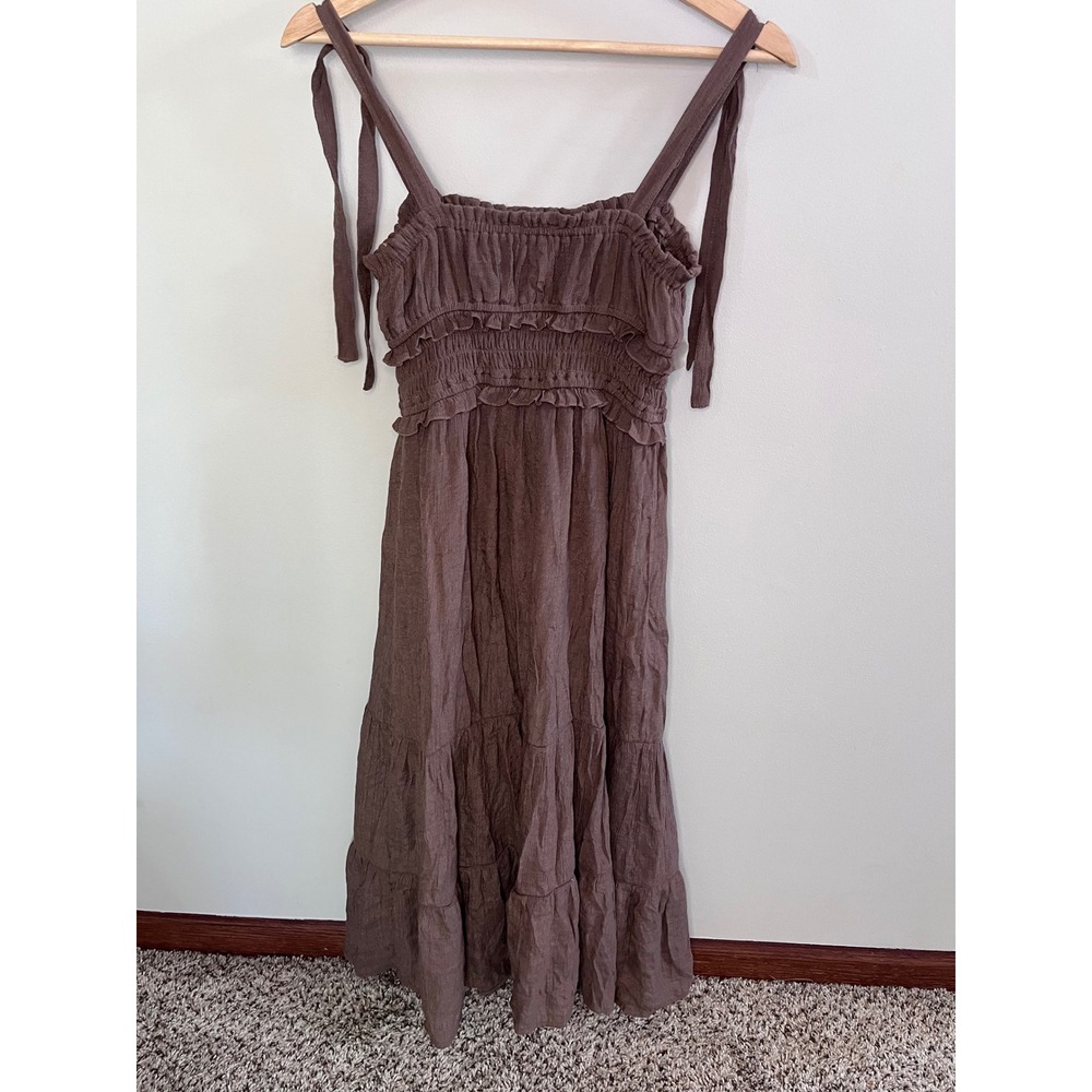 Just Found Brown Smocked Tiered Midi Dress Cottagecore Ruffle Straps Womens M‎